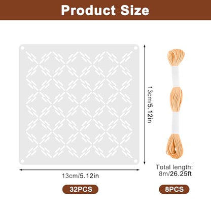 40 Pcs Sashiko Stencil Set, 5.12 x 5.12 in Plastic Geometric Sashiko Pattern Templates with 8 Colors Thread, Drawing Line Embroidery Stencils for Visible Mending, Hand Sewing and Quilting