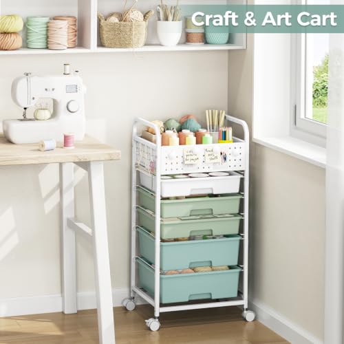 5 Drawer Rolling Storage Cart with Pegboard Top and Hooks, Gradient Green - color: Gradient Green, size: 5-Drawers
