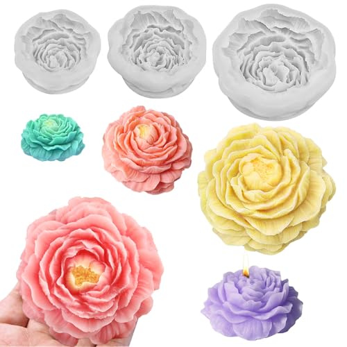 Peony Candle Molds, Set of 3 Sizes Peony Flower Making Molds - color: 3 PCS Large+Medium+Small Peony Molds