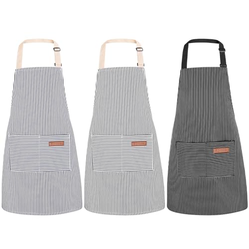 3 Pack Stripes Kids Apron, Adjustable Kids Cooking Aprons with 2 Pockets, Cute Chef Baking Aprons for Boys and Girls - color: Black + Blue + Grey, size: 55x65cm