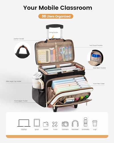 LOVEVOOK Rolling Teacher Bag, Laptop Tote with Detachable Dolly | Fits 17.3 Inch Laptop, Detachable Dolly, Large Rolling Tote Bag for Teacher Office Work Nurse, Adjustable Handle - color: Quilted-Black-beige-brown
