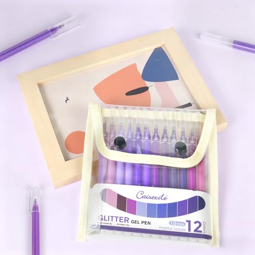12 Purple Glitter Gel Pens Set, 1.0 mm Fine Point for Black Paper & White Paper, Large Capacity Pens for Journaling, Adult Coloring Books, Drawing, Note Taking, Highlighting - color: purple