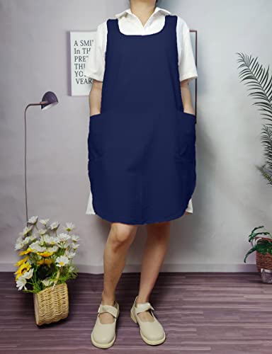 Cotton Cross Back Aprons Solid Color Cooking Kitchen Garden Smock for Women Girls with Pockets - color: Navy Blue