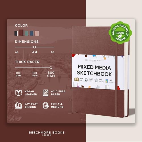 Beechmore Books A4 8.5x11 Mixed Media Sketchbook 300 GSM/140lb | Heavyweight Hardcover Art Notebook, 48 Micro-Perforated Pages Ivory Journal, Art Supplies for Painting, Acrylics & Wet Media - color: Chestnut Brown, size: A4 - 8.5" x 11.5" Large