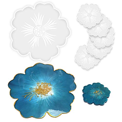 Panamalar Silicone Resin Molds, 1PCS Large Resin Tray Mold and 5PCS Coaster Molds for Resin Casting, Flower Shape Epoxy Resins Casting Molds for DIY, Home Decoration, Table Wine Tray-6 PCS