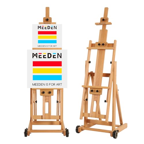 MEEDEN Versatile Studio H-Frame Easel - All Media Adjustable Beech Wood Studio Easel, Painting Floor Easel Stand, Movable and Tilting Flat Available, Holds Canvas Art up to 77" - style: Natural