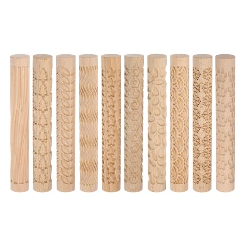 HARFINGTON 10pcs Wood Clay Roller Pattern Modeling 5.9" Beech Wood for Clay | Hand Rollers, Wooden Pottery Tools, Wood Grain Texture Rollers, Baking Playdough DIY