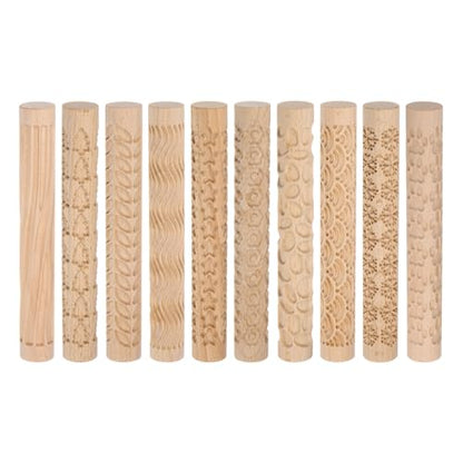 HARFINGTON 10pcs Wood Clay Roller Pattern Modeling 5.9" Beech Wood for Clay | Hand Rollers, Wooden Pottery Tools, Wood Grain Texture Rollers, Baking Playdough DIY