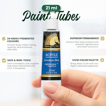 MyArtscape Heavy Body Acrylic Paint Set - 24 x 21ml Acrylic Paint | Rich pigment heavy body acrylic paint with 75 percent more paint for canvas wood fabric and multi surface projects
