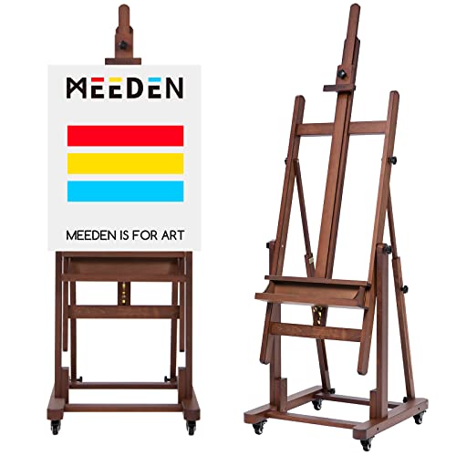 MEEDEN Extra Large H-Frame Studio Easel - Solid Beech Wooden Artist Professional Heavy-Duty Easel, Painting Art Easel Stand with 4 Premium Locking Silent Caster Wheels, Hold Max 82", Walnut - color: Walnut, size: Large