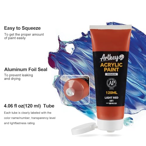 Artkey Acrylic Paint - Light Red (120 ml/4.06 oz) Tubes, Rich & Vibrant Pigments, Professional Artists Acrylic Paints - Art Supplies for Canvas Wood Rock Clay Fabric Ceramics Art Crafts Painting - color: Light Red, size: 4.06 Fl Oz (Pack of 1)