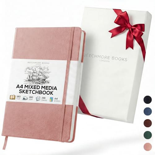 Beechmore Books A4 8.5x11 Mixed Media Sketchbook 160 GSM/98LB with Gift Box | Hardcover Art Journal with Lay-Flat Binding, 156 Perforated Ivory Pages for Drawing, Ink & Light Watercolor - color: Rose Wood, size: A4 - 8.5" x 11.5" Large
