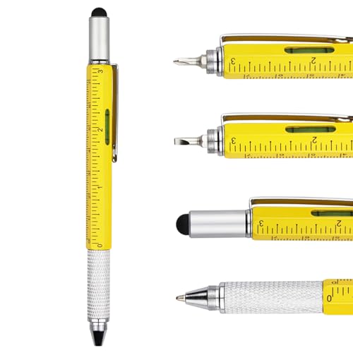 DUNBONG 6-in-1 Multi Pen, Stylus/Screwdriver, 0.7mm Black - Yellow | Aluminum prismatic non-slip grip | Rotary no-cap design | Ruler & level built-in | Refillable | Long-lasting clip - color: Yellow