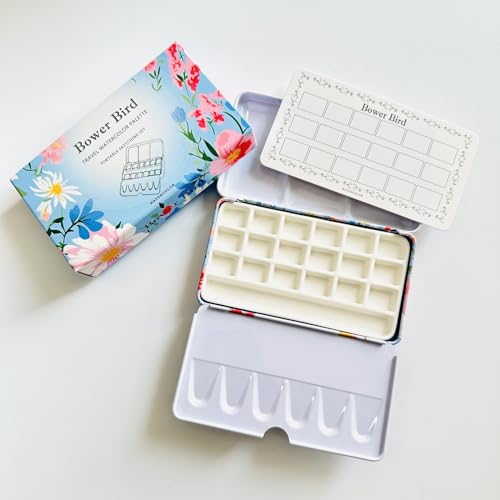 Bower Bird Travel Watercolor Palette,Portable Ceramic Palette 18 Well,Empty Paint Palette,Small Travel Metal Paint Boxwith Porcelain Palette - size: 18 Wells