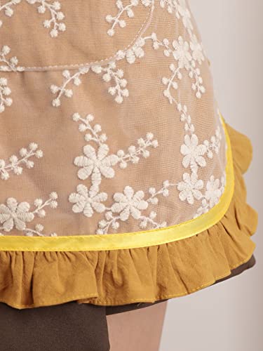 Unisex Chef Aprons White Retro Cotton Maid Short 2 Pockets Waist Waiter Waitress Half Apron - color: Yellow-embroidered