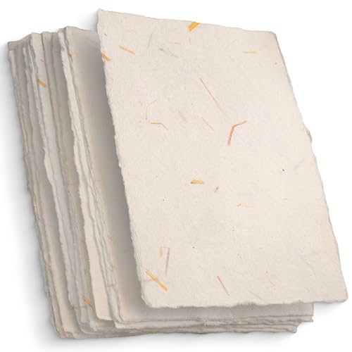Wanderings Handmade Cream Deckle Edge Blank Paper with Straw - 4" x 6" - Pack of 50 - Watercolor/Mixed Media Paper - Save the Date Invitations Greeting Cards Notes DIY Arts Crafts - Thick 150 GSM - color: Ivory with Straw, size: A6