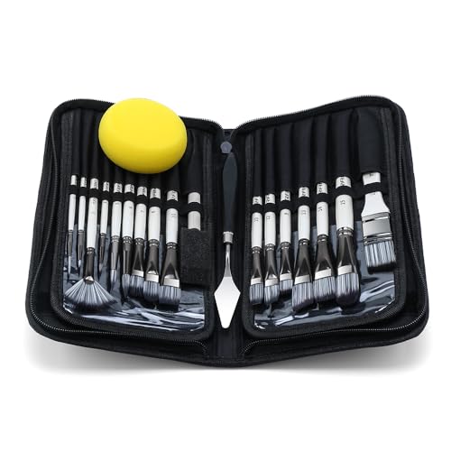 Transon 20Pcs Art Paint Brush Kit with Storage Case, 16 Brushes + Foam Brush Spatula Sponge for Acrylic Oil Watercolor Gouache, Adults Teens Beginners Art Supplies - color: White