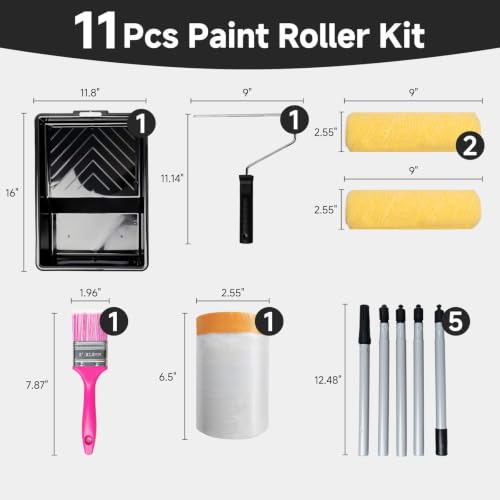 Paint Roller Kit with Extension Pole - 6 Pieces Set with 9" Paint Roller, 2" Paint Brush, 51" Adjustable Extension Pole, 11" Sturdy Paint Tray - Complete Painting Tool Set - size: 9 Inch with Extension Pole