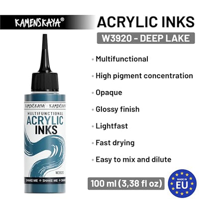 Kamenskaya Acrylic Inks for Artists - 'Deep Lake' Acrylic Ink, 3.38 Fl Oz (100 ml) | Highly Concentrated, Multifunctional Liquid Acrylic Paint - color: Deep Lake