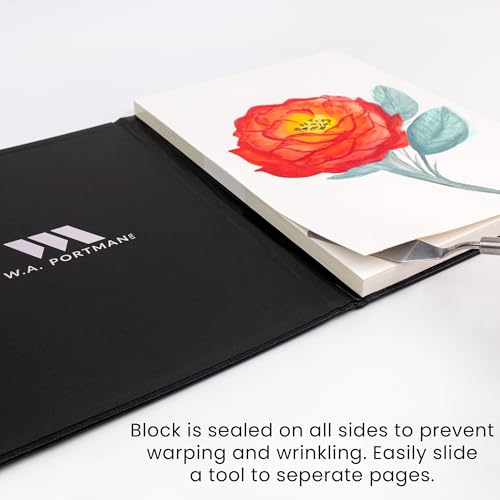 WA Portman 11.3" x 8.3" Hot Press Watercolor Paper Block A4, 300GSM Art Pad | A4 Hot Pressed Watercolor Paper Block, 100% Cotton with Waterproof Cover, 140Lb 60 Pages (30 Sheets) Elastic Band Closure Pad