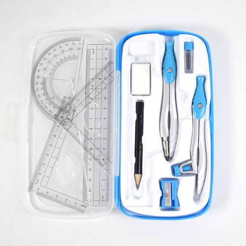 Marte Vanci Math Geometry Kit, 10 Pieces Geometry Set with Storage Box Student Supplies for Drawing, Includes Compasses, Pencil, Eraser, Rulers Protractor, Sharpener,Lead Refills(Blue)