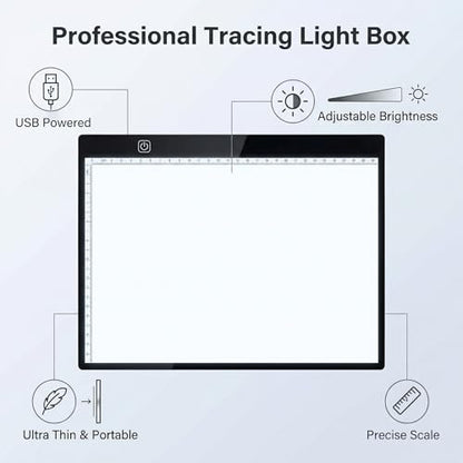 A4 Ultra-Thin LED Light Pad with Scale - 5000 Lux Stepless Dimmer Light Box for Diamond Painting, Tracing & Sketching - USB Powered Portable Light Table for Artists, Tattoos & Animation - Black - size: A4