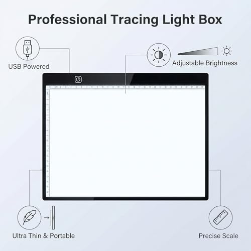 A4 Ultra-Thin LED Light Pad with Scale - 5000 Lux Stepless Dimmer Light Box for Diamond Painting, Tracing & Sketching - USB Powered Portable Light Table for Artists, Tattoos & Animation - Black - size: A4
