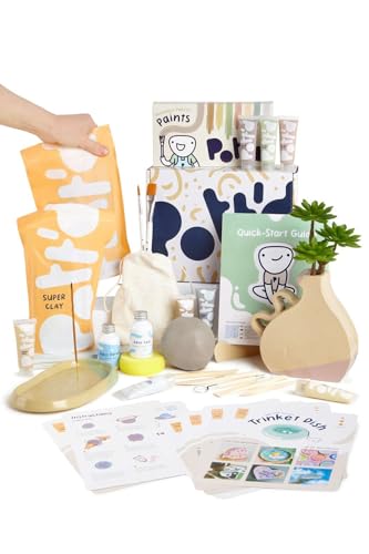 Pott'd Pottery Kit, Air Dry Clay Kit for Adults & Beginners | At Home Pottery Making Kit with Air Dry Clay, Tools, Paints, Brushes, Sealant and Step-by-Step Guide - style: Minimalist Paints