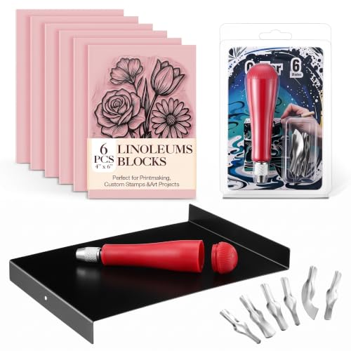 Linocut Kit with 6 Pcs Linoleum Blocks, Carving Tools and Inking Plate