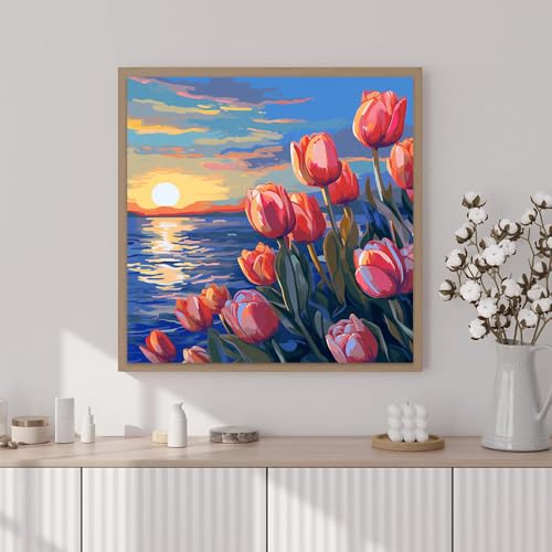 Artunion Framed Paint by Numbers Kit for Adults Beginners & Kids Ages 8-12,Sunset Tulip Flower Paint by Number with Frame,Floral Paint by Numbers Kit on Canvas 10 * 10 Inch Without Easel - color: ZXT-189-F