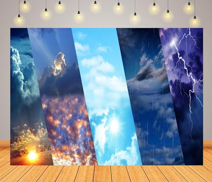 10x8ft Fabric Weather Station Backdrop Sunny Cloudy Rainy Thunderstorm Background Meteorological News Themed Party Decorations Birthday Shoot Adult Portrait Photoshoot Booth Props Wallpaper - size: 10x8FT