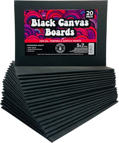 Black Canvas Panels for Painting, 20 Pack, 5x7 Inch Gesso-Primed Boards for Oil, Acrylic & Watercolor, Blank Art Canvas for Artists - size: 5x7