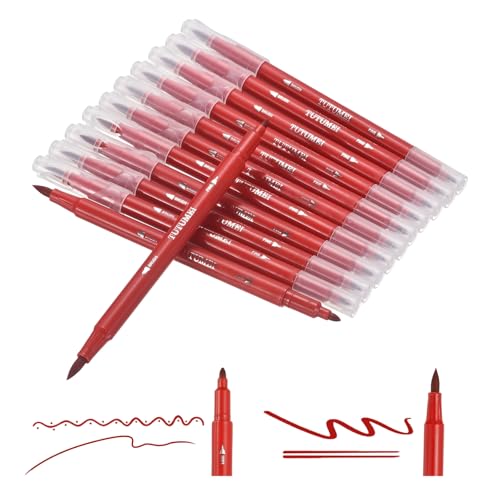 PATIKIL 12 Pack Dual Markers Brush Pens, Bright Red Double Tip Colored Pen Coloring Marker Set Supplies for Adults Coloring Books Note Taking Writing Calligraphy Drawing Sketching - color: Bright Red