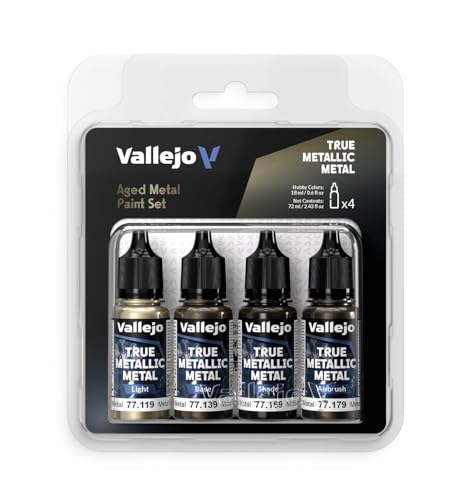 Vallejo - Aged Metal Paint Set, True Metallic Metal, 4 Bottles x 0.6 fl.oz. - color: Aged Metal