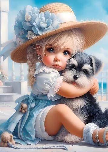 GEWOUVIN Girl and Dog Diamond Art Kits for Adults,Diamond Painting Kits for Adults Beginners,Seaside DIY Full 5D Round Drill Gem Art Kits for Gift Home Wall Decor【11.8x15.7inch】 - color: Girl and Dog