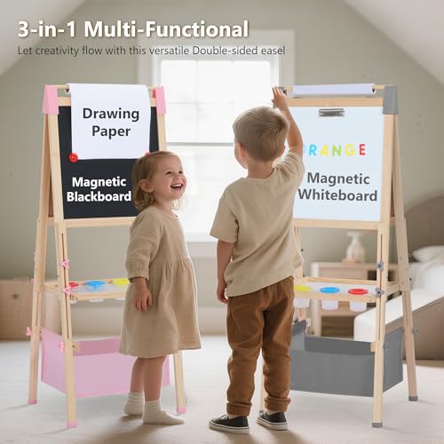 Kinder King Adjustable Wooden Kids Art Easel, Art Supplies, Storage (Pink) - color: Pink