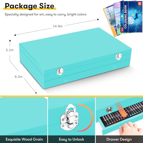 iBayam 150-Pack Deluxe Art Supplies with 1 Coloring Book, 2 Sketch Pads | All-in-one art kit with pencils, pastels & watercolors in a wooden case. Safe, non-toxic, perfect for kids & adult beginners. - color: Teal