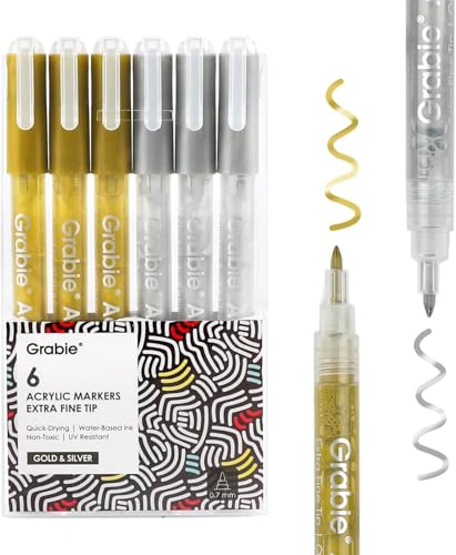Grabie 0.7 mm Acrylic Paint Markers, Pack of 6 gold & silver Pens | Rich Glossy Metallic Gold & Silver Ink, Clog-Free Smooth Writing, Works on Paper Wood Glass Fabric, Odorless Paint Pens - color: Gold&Silver