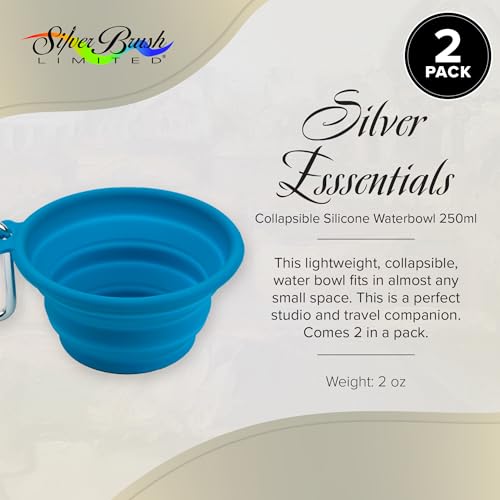 Silver Brush Limited Silver Essentials Paintbrush Water Bowl, 250ml/8.5oz | 2 Pack, Watercolor, Watermedia, Round, Reusable Artist Water Cup, Collapsible, With Carabiner Clip, Leak-proof, Silicone - size: 250ml