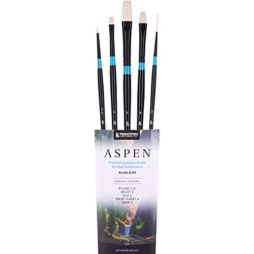 Princeton Aspen 6500 Series 5pc Professional Paint Brushes for Acrylic Painting - Synthetic Oil, Gouache, and Acrylic Paint Brushes Set - Filbert Striper Flat & Round Set of Art Brush | 5pc Synthetic Oil, Gouache, Watercolor and Acrylic Paint Brushes Set,
