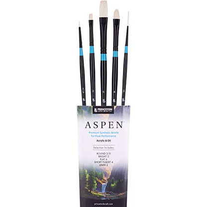 Princeton Aspen 6500 Series 5pc Professional Paint Brushes for Acrylic Painting - Synthetic Oil, Gouache, and Acrylic Paint Brushes Set - Filbert Striper Flat & Round Set of Art Brush | 5pc Synthetic Oil, Gouache, Watercolor and Acrylic Paint Brushes Set,