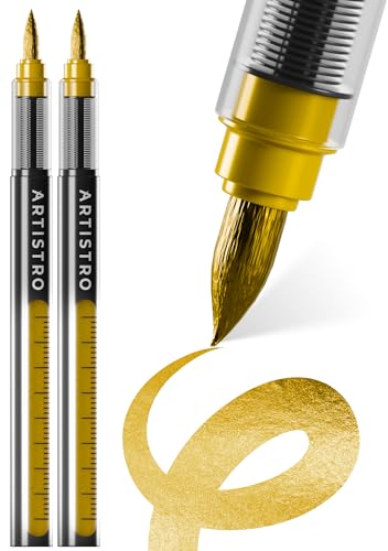 ARTISTRO Gold Acrylic Paint Markers - Brush Tip - Set of 2 | Automatic Ink Control System, Paint Pens for Rock, Egg, Wood, Fabric, Glass, Perfect for Crafting, Art Projects, & More - color: Gold, style: Brush