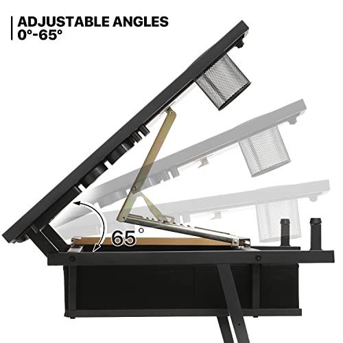 39‘’ Adjustable Drafting Table & Stool Set with Storage, Natural | Versatile Art Desk and Craft Center Home Study Room Artist Desk - color: Natural/Black