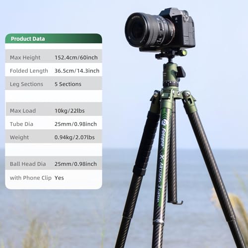 Fotopro 62 Inch Carbon Fiber Tripod for Camera Ultralight Travel Camera Tripod Max Loads Up 22lbs X-Aircross 3 Green - color: Green
