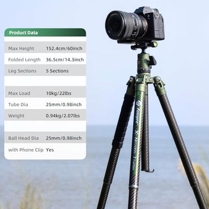 Fotopro 62 Inch Carbon Fiber Tripod for Camera Ultralight Travel Camera Tripod Max Loads Up 22lbs X-Aircross 3 Green - color: Green