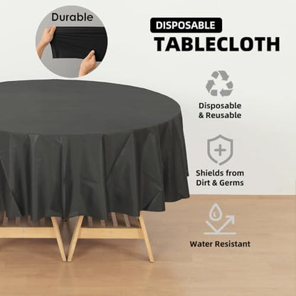 12-Pack Black Plastic Tablecloths – 84 Inch Round Disposable Table Covers, Heavy Duty & Waterproof for Parties, Events, Banquets, Black - color: Black, size: 84" Round
