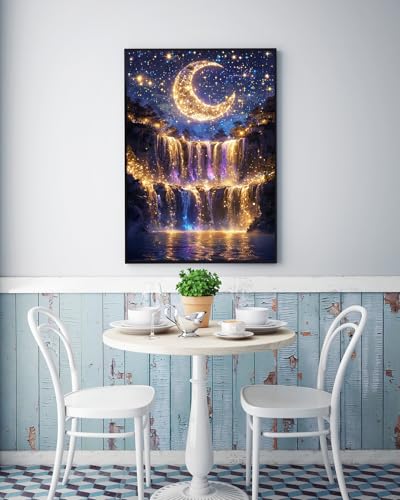 KINPLUB 5D Diamond Painting Kits for Adults Beginners, Moonlight Waterfall Diamond Art Kits for Adults, DIY Full Drill Round Moon Landscape Diamond Dots, Home Wall Decor 12x16 Inch - color: Waterfall