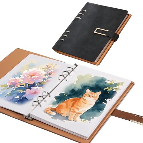 Professional Watercolor Sketchbook with 6-Ring Binder, 20 Sheets 300GSM/140lb 100% Cotton Acid-Free Cold Press Paper, 9.25" x 6.3" Textured Art Journal for Artists, Students & Adults (Black) - color: Black