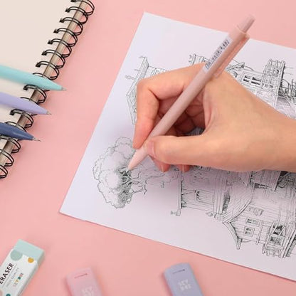 SKYDUE Cute Mechanical Pencils Set, 0.5mm & 0.7mm Mechanical Pencils, 360PCS HB Lead Refills, 4PCS Pastel Erasers, Pastel Aesthetic School Supplies for Writing, Drawing and Sketching