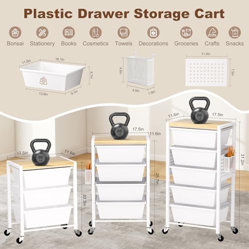 Rolling Cart with Drawers, Rolling Storage Cart with 5 Large Plastic Drawers & Wooden Tabletop, Utility Cart with Pegboards & Basket, Storage Drawers Cart for Living Room, Classroom, Bedroom, Office - color: White, size: 5 Drawers